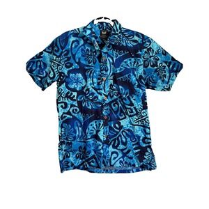 Burning Spears Mens M Hawaiian Shirt Blue Hibiscus Floral Tropical Short Sleeve